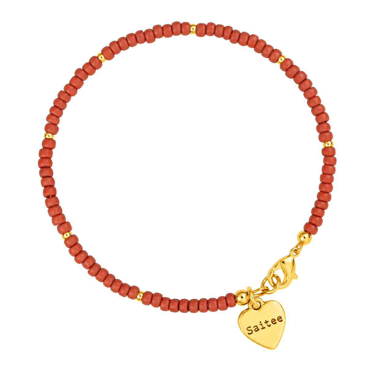 terracotta oranje rood fijn kralenarmbandje met goud slotje en hartjes bedel