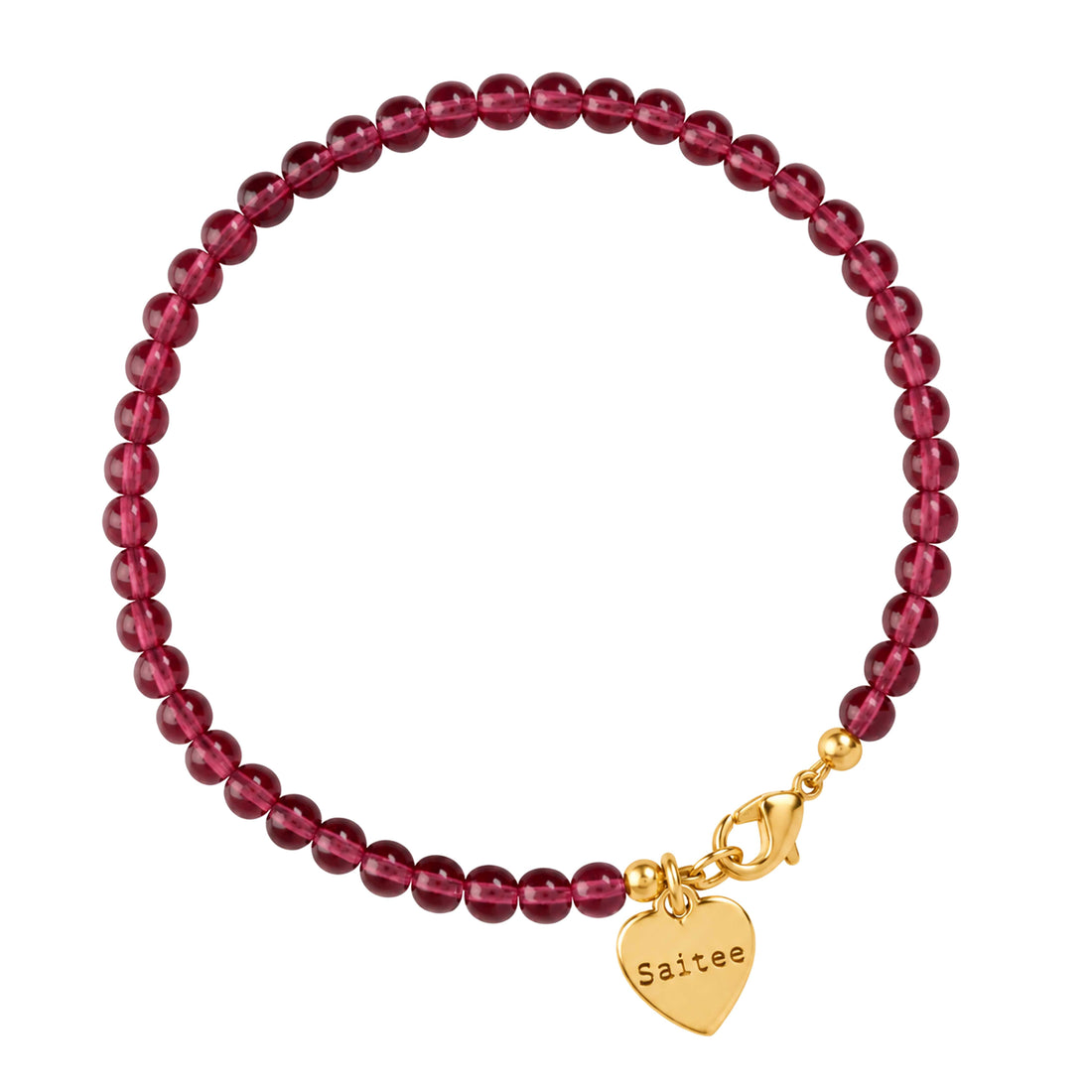 donker paars roze kralenarmbandje met goud slotje en hartjes bedel