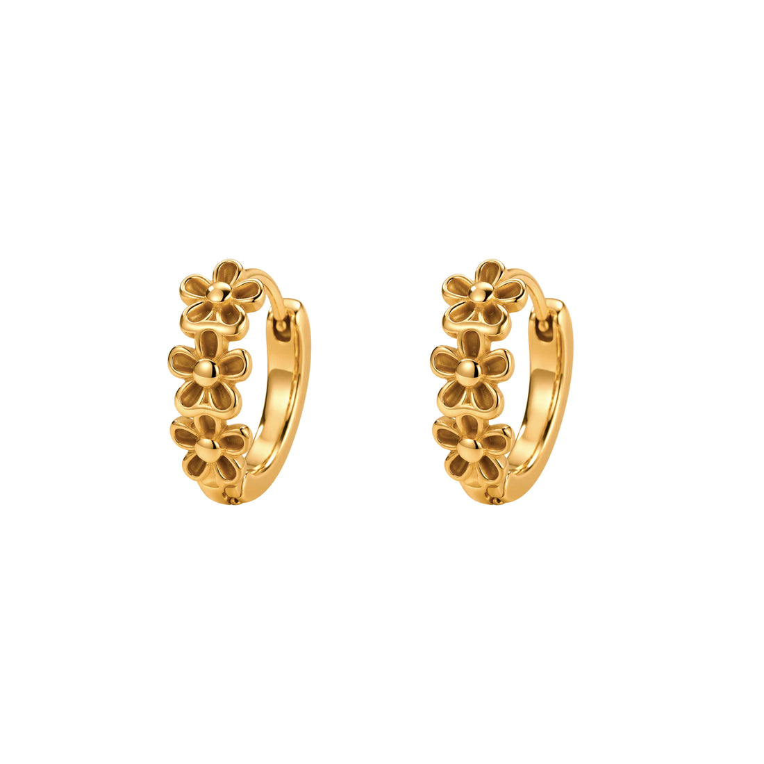 gouden oorbel met patroon van 3 kleine bloemetjes met handige click sluiting