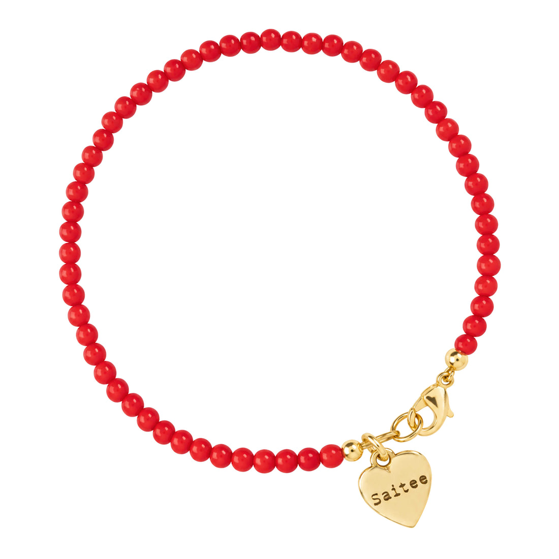 knal rood kralenarmbandje met goud slotje en hartjes bedel