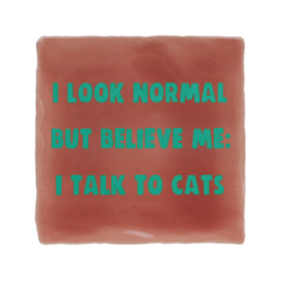 quote tegeltje in roze met groene letters i look normal but believe me i talk to cats