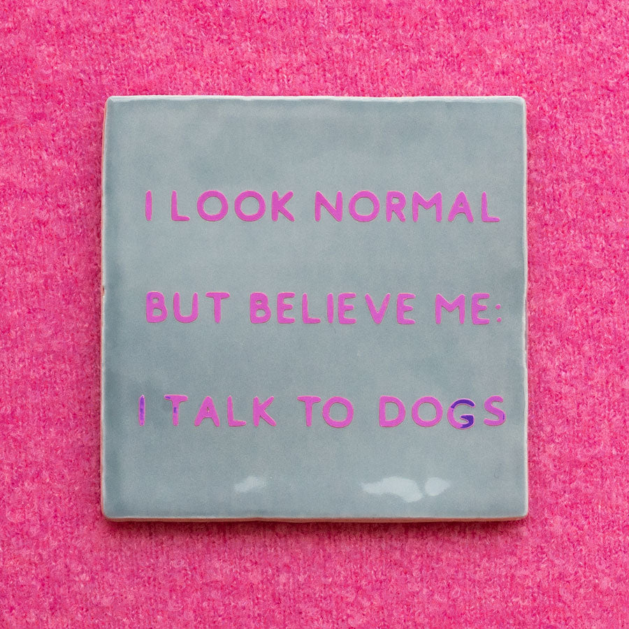 i look normal but believe me i talk to dogs quote tegel blauw