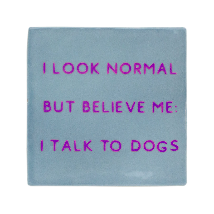 ijsblauw tegeltje met tekst i look normal but believe me i talk to dogs