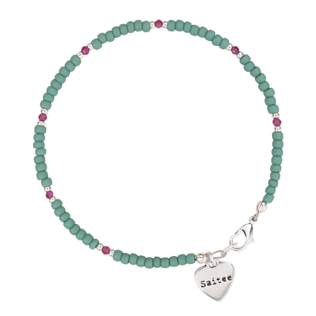 mintgroen kralenarmbandje met hartje en roze tussenkralen