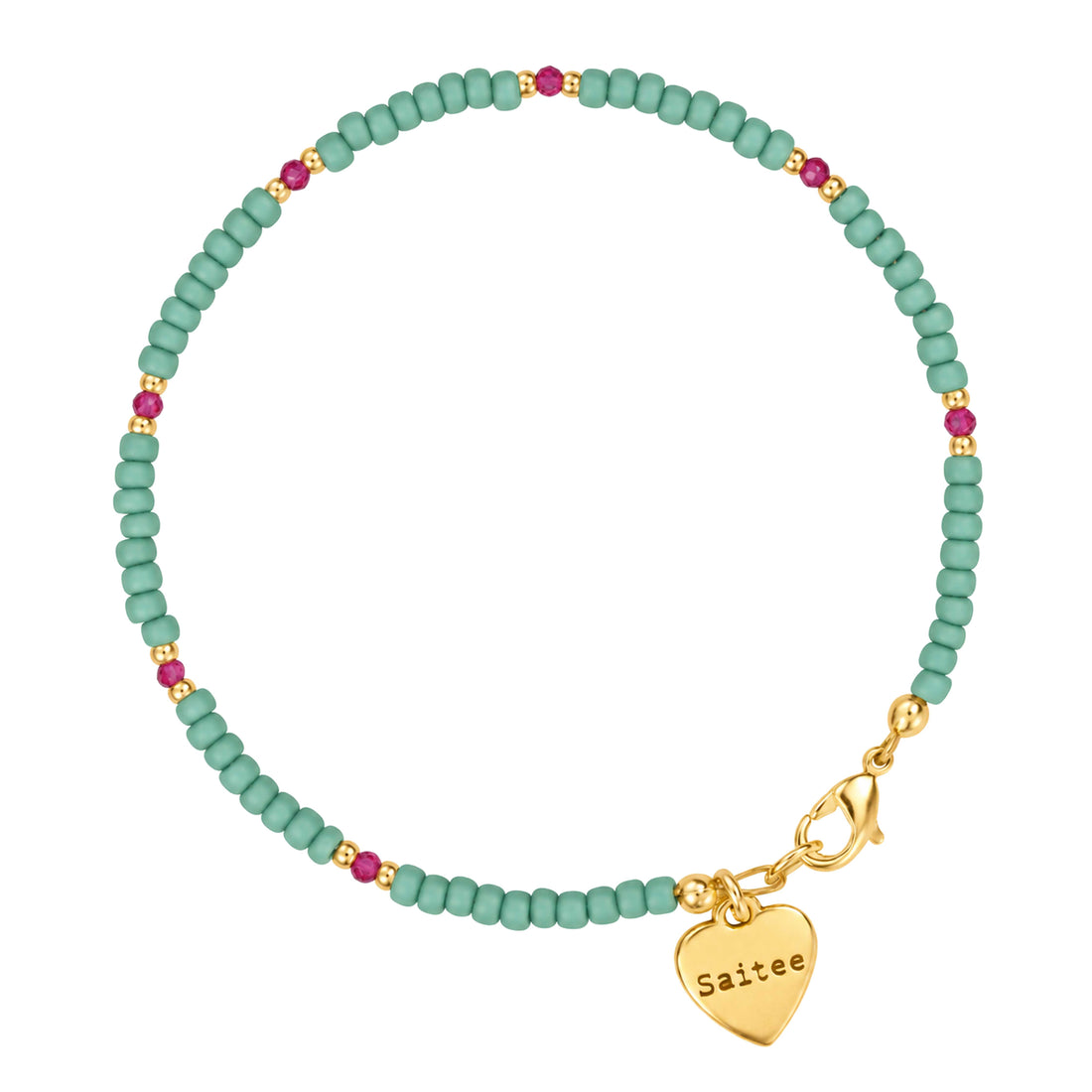 mintgroen met roze kralenarmbandje met patroon met goud slotje en hartjes bedel