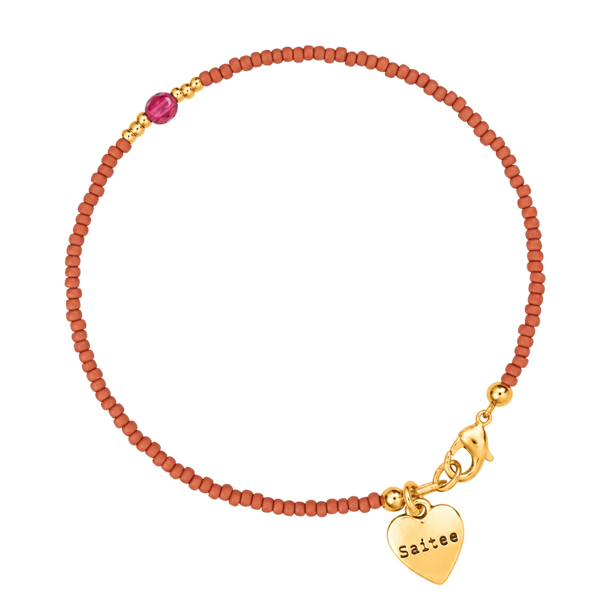 terracotta rood oranje fijn kralenarmbandje met patroon met goud slotje en hartjes bedel