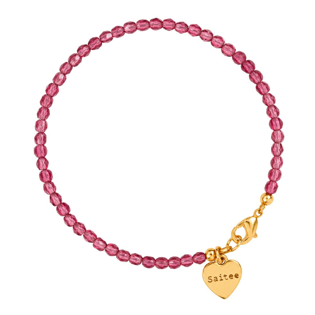 donkerroze kralen armbandje met goud slotje en hartjes bedel