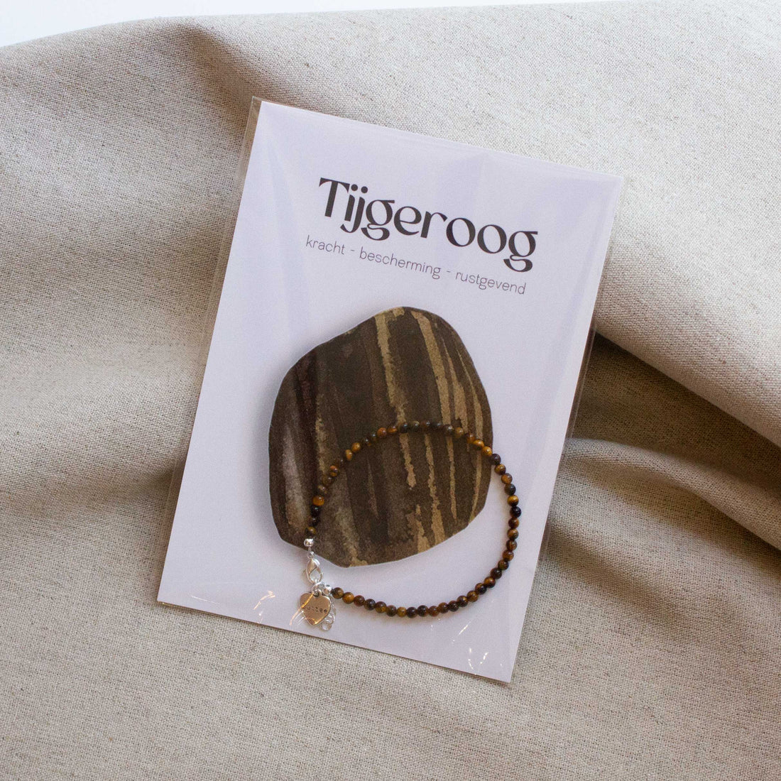 Bruin tijgeroog kralenarmbandje met geïllustreerde kaart met edelsteen tekening