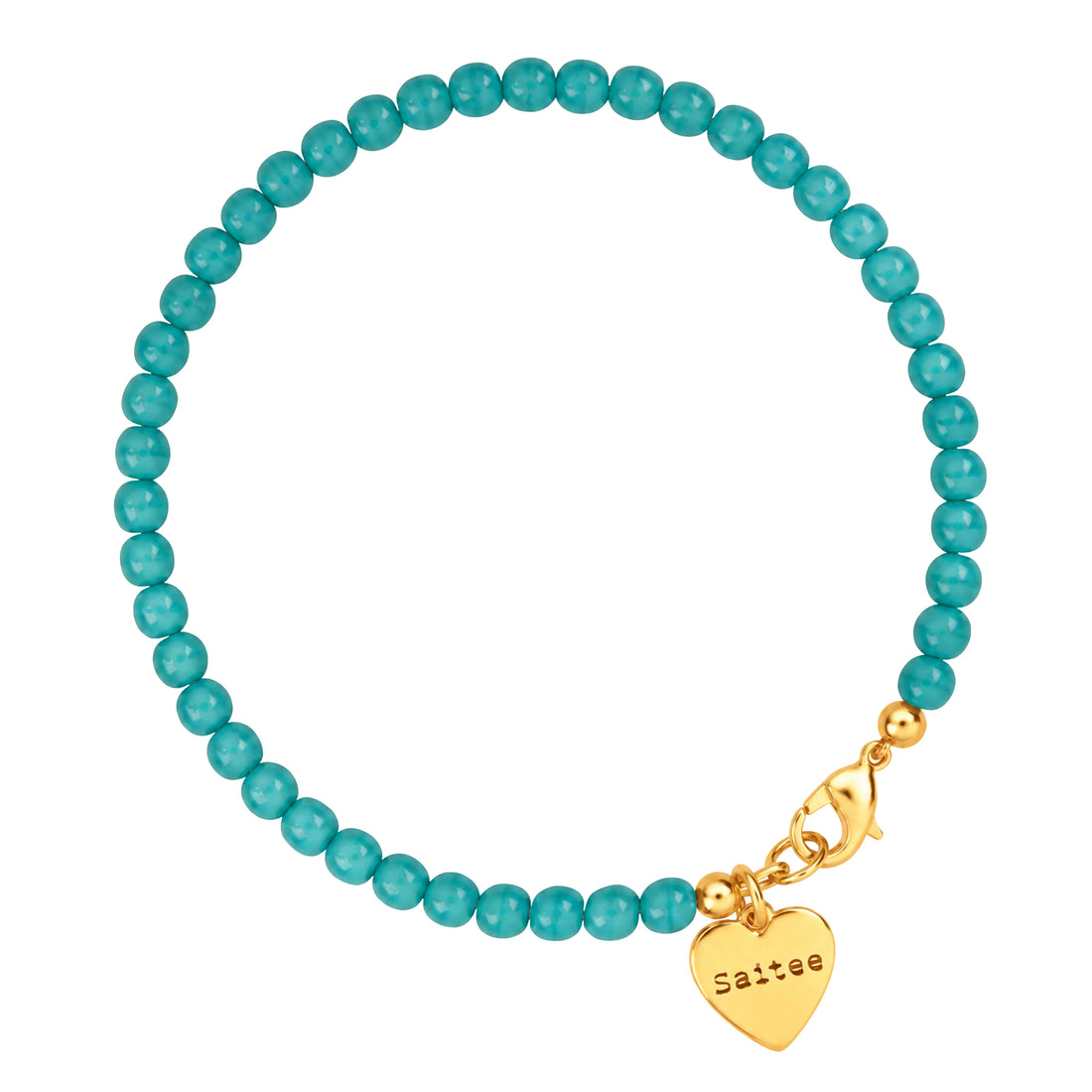 turkooise kralen armbandje met goud slotje en hartjes bedel